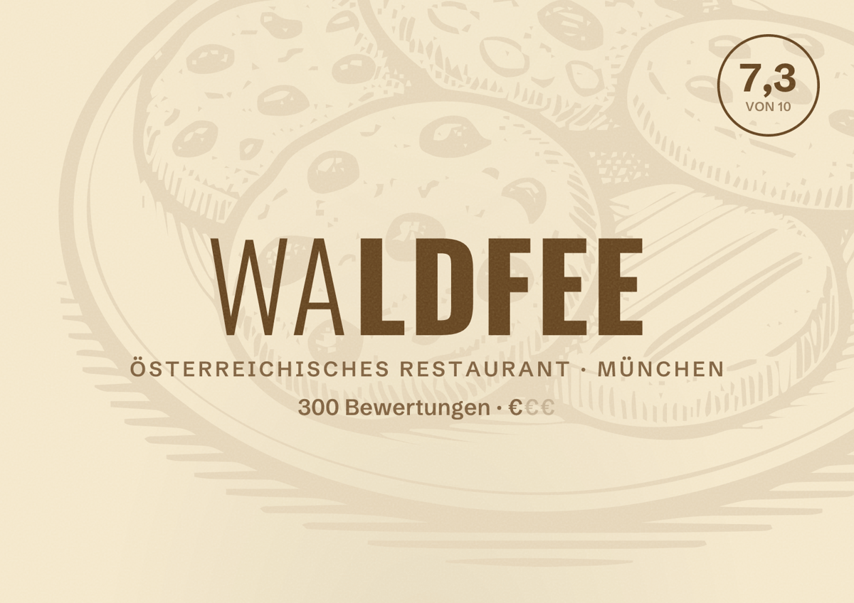 Illustriertes Poster von Waldfee, Österreichisches Restaurant in München: Bewertung 7,3 von 10 aus 300 Bewertungen, Preisniveau €
