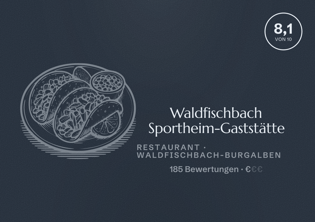 Illustriertes Poster von Waldfischbach Sportheim-Gaststätte, Restaurant in Waldfischbach-Burgalben: Bewertung 8,1 von 10 aus 185 Bewertungen, Preisniveau €