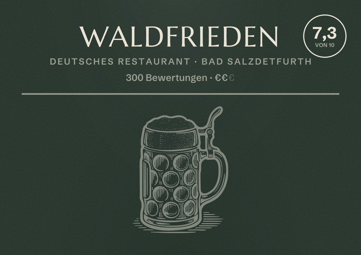 Illustriertes Poster von Waldfrieden, Deutsches Restaurant in Bad Salzdetfurth: Bewertung 7,3 von 10 aus 300 Bewertungen, Preisniveau €€