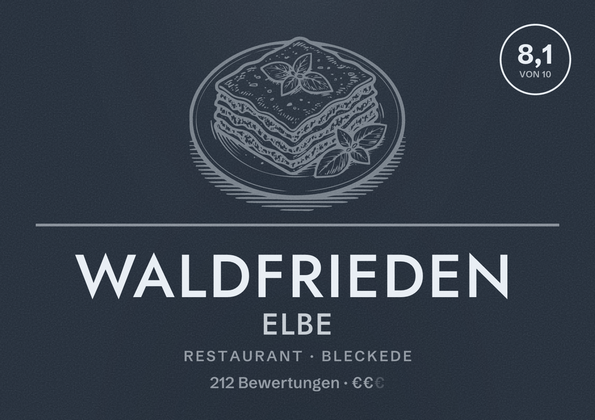 Illustriertes Poster von Waldfrieden Elbe, Restaurant in Bleckede: Bewertung 8,1 von 10 aus 212 Bewertungen, Preisniveau €€