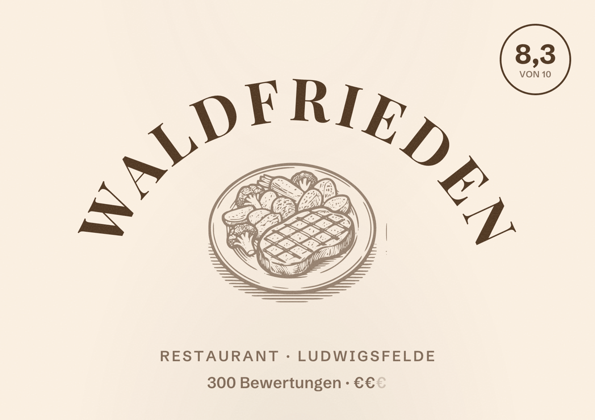 Illustriertes Poster von Waldfrieden, Restaurant in Ludwigsfelde: Bewertung 8,3 von 10 aus 300 Bewertungen, Preisniveau €€