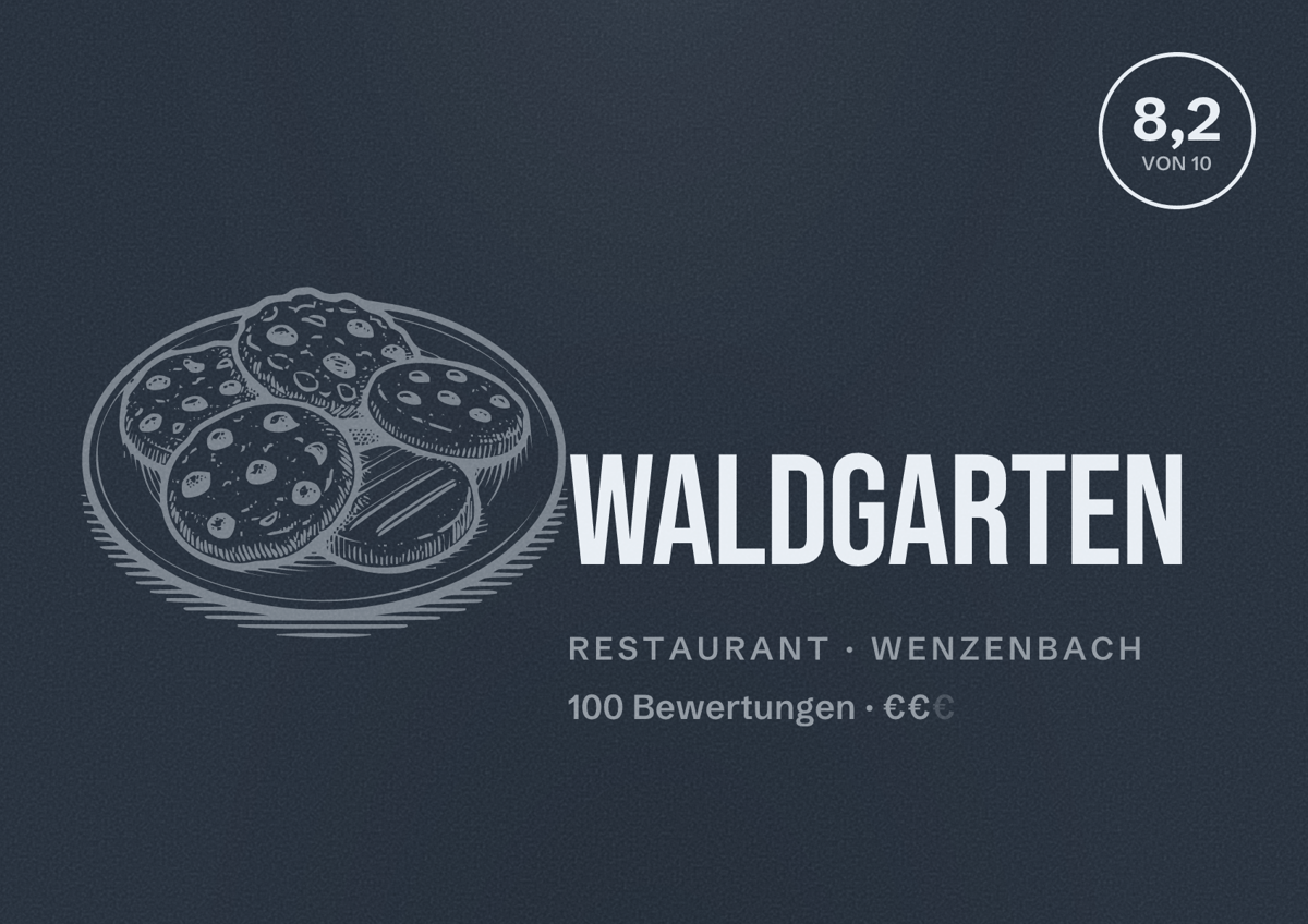 Illustriertes Poster von Waldgarten, Restaurant in Wenzenbach: Bewertung 8,2 von 10 aus 100 Bewertungen, Preisniveau €€