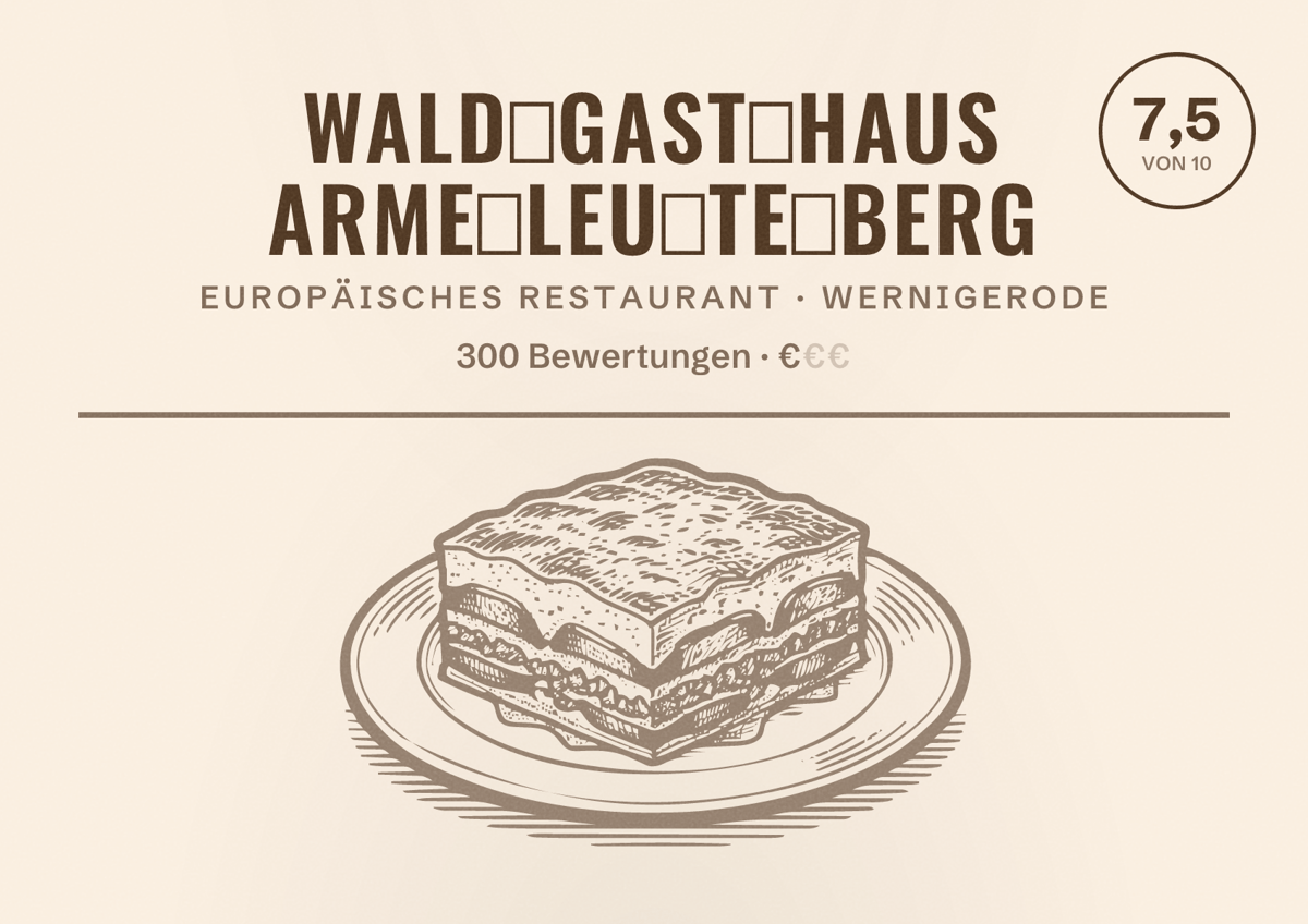 Illustriertes Poster von Wald­gast­haus Arme­leu­te­berg, Europäisches Restaurant in Wernigerode: Bewertung 7,5 von 10 aus 300 Bewertungen, Preisniveau €