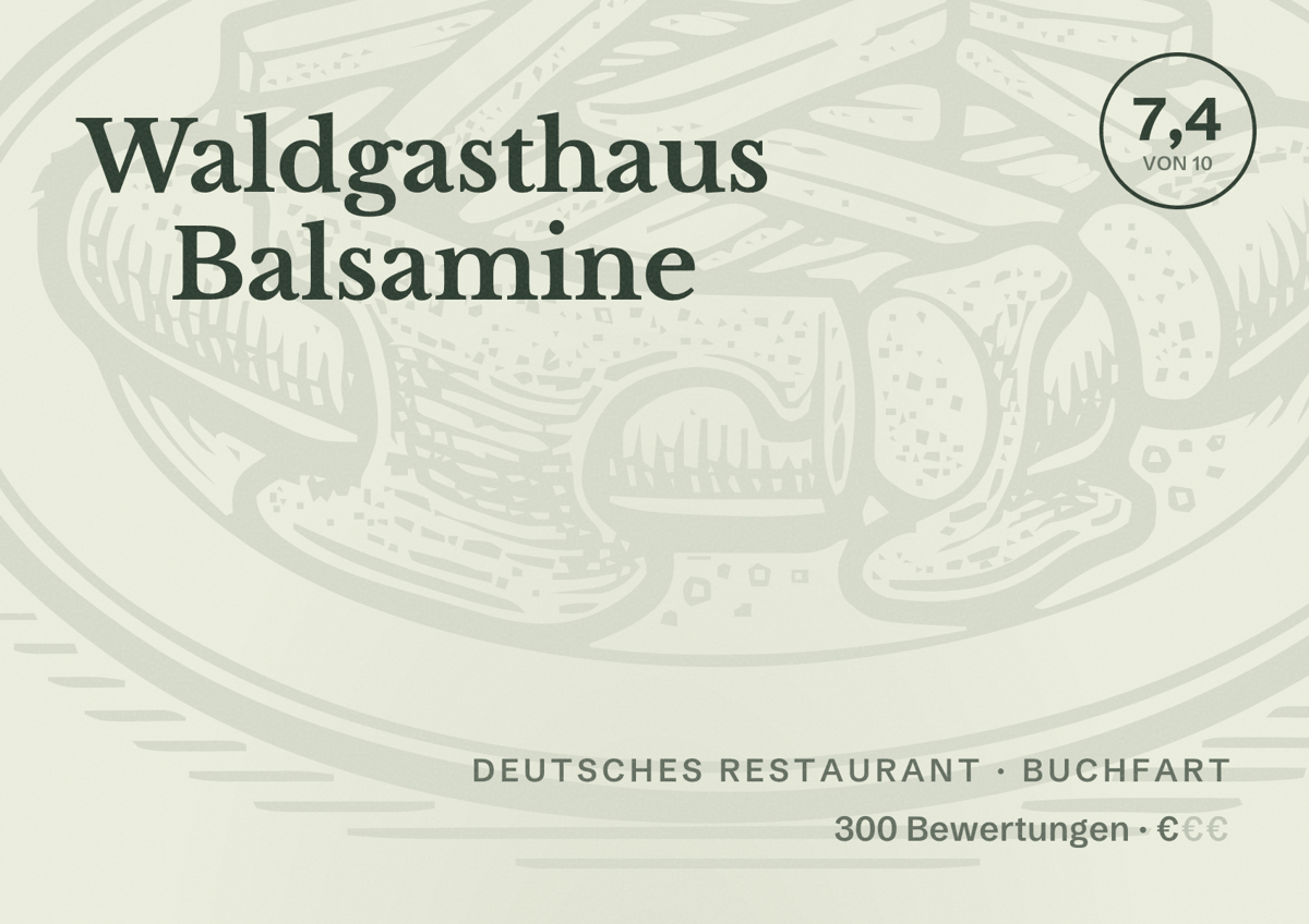 Illustriertes Poster von Waldgasthaus Balsamine, Deutsches Restaurant in Buchfart: Bewertung 7,4 von 10 aus 300 Bewertungen, Preisniveau €