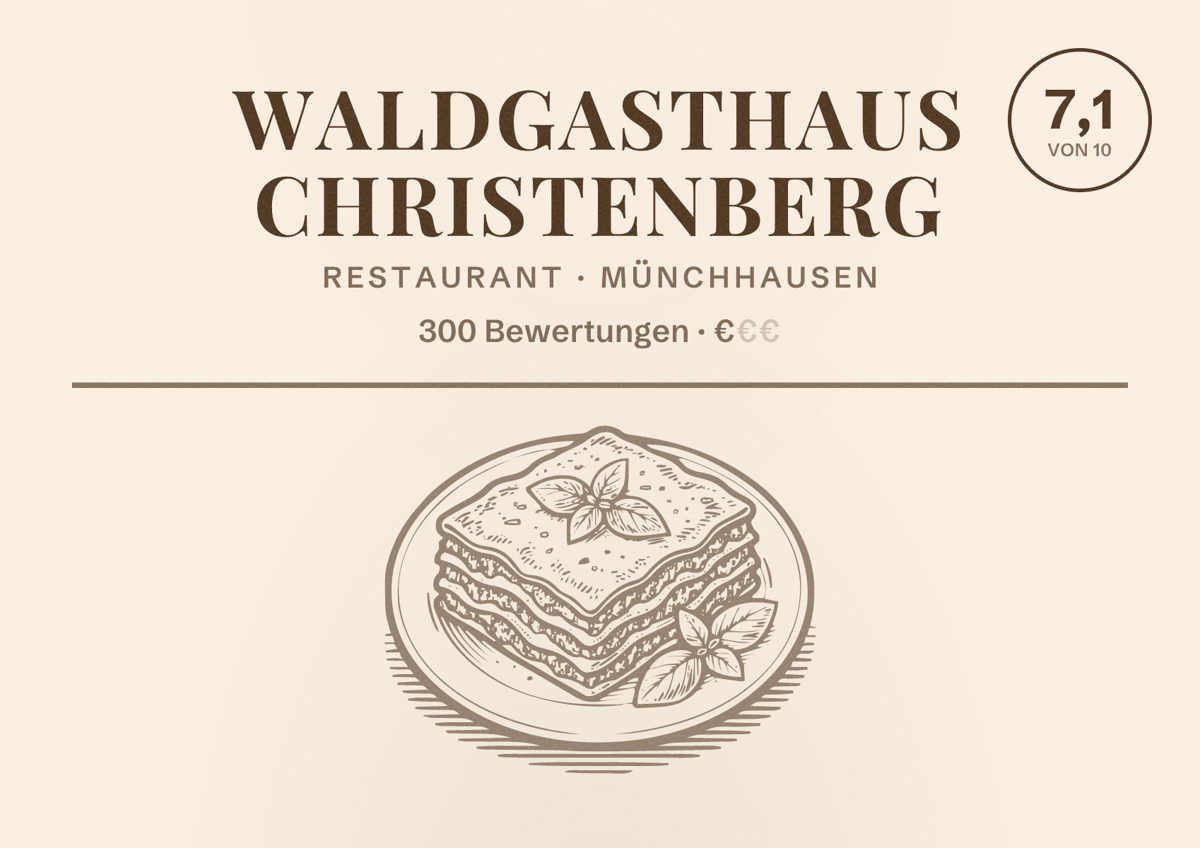 Illustriertes Poster von Waldgasthaus Christenberg, Restaurant in Münchhausen: Bewertung 7,1 von 10 aus 300 Bewertungen, Preisniveau €