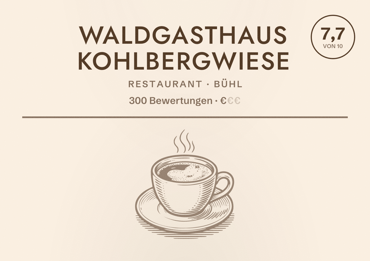 Illustriertes Poster von Waldgasthaus Kohlbergwiese, Restaurant in Bühl: Bewertung 7,7 von 10 aus 300 Bewertungen, Preisniveau €