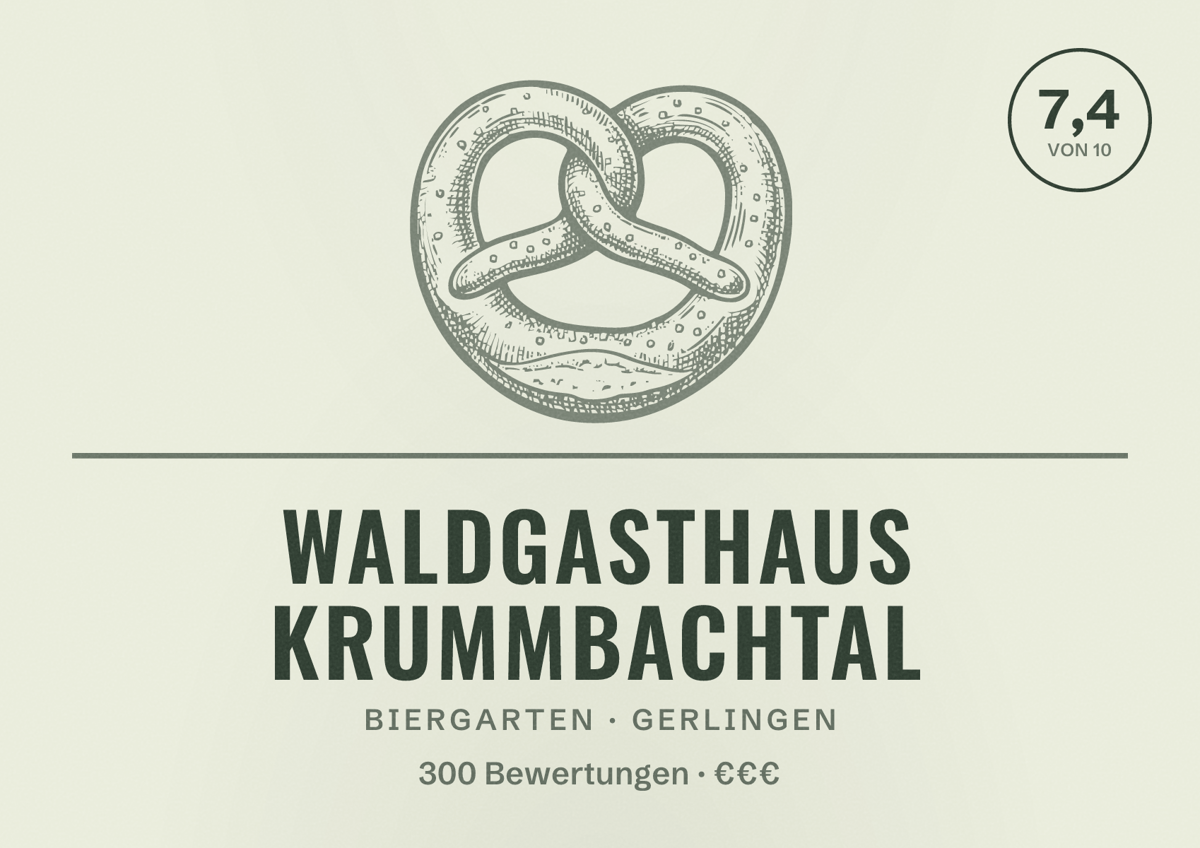 Illustriertes Poster von Waldgasthaus Krummbachtal, Biergarten in Gerlingen: Bewertung 7,4 von 10 aus 300 Bewertungen, Preisniveau €€€