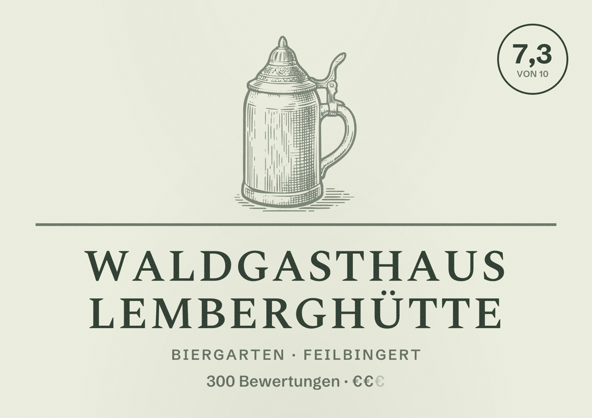 Illustriertes Poster von Waldgasthaus Lemberghütte, Biergarten in Feilbingert: Bewertung 7,3 von 10 aus 300 Bewertungen, Preisniveau €€