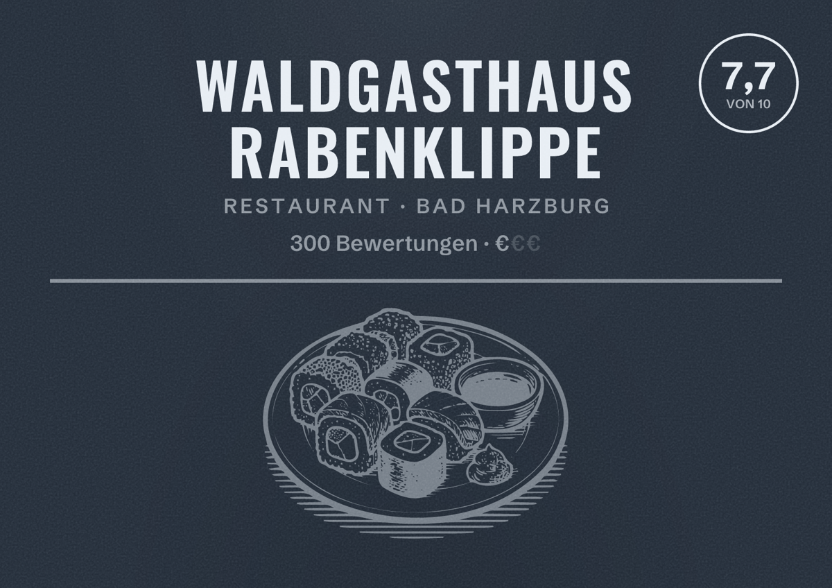 Illustriertes Poster von Waldgasthaus Rabenklippe, Restaurant in Bad Harzburg: Bewertung 7,7 von 10 aus 300 Bewertungen, Preisniveau €