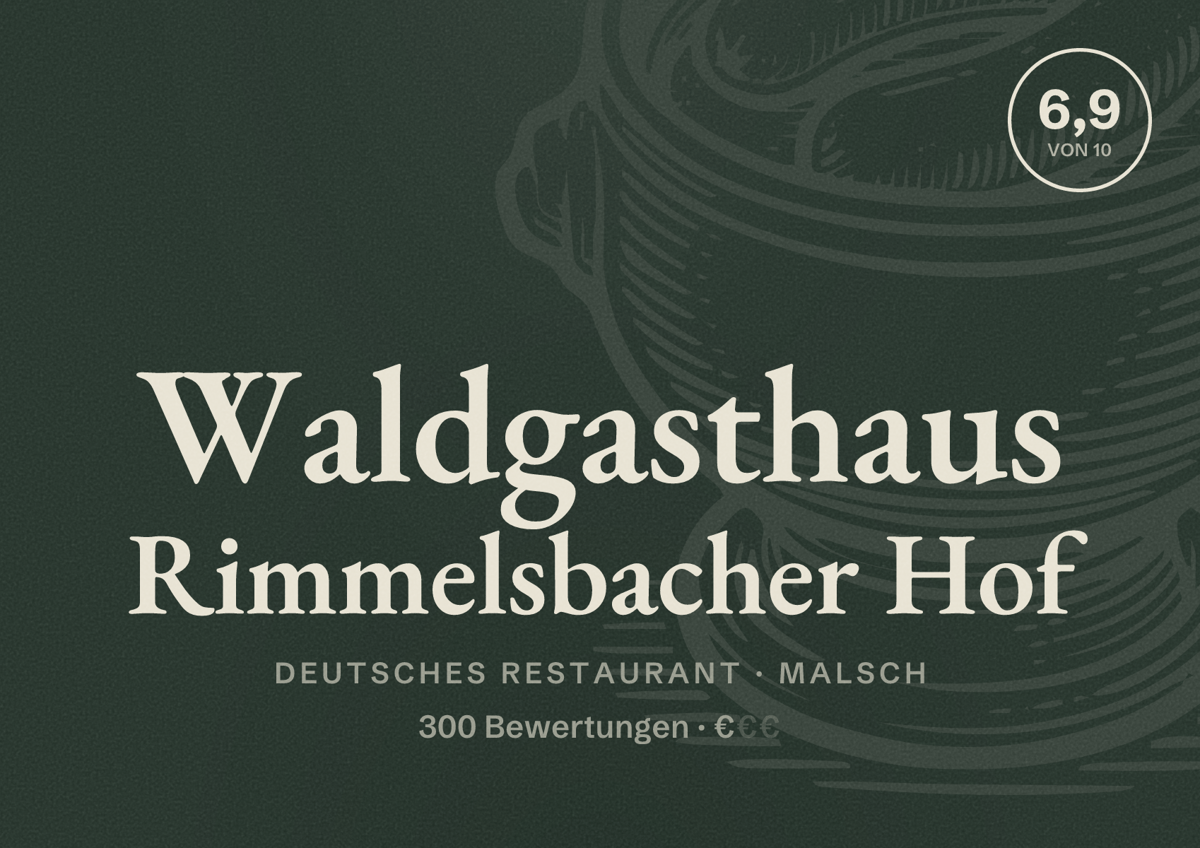 Illustriertes Poster von Waldgasthaus Rimmelsbacher Hof, Deutsches Restaurant in Malsch: Bewertung 6,9 von 10 aus 300 Bewertungen, Preisniveau €