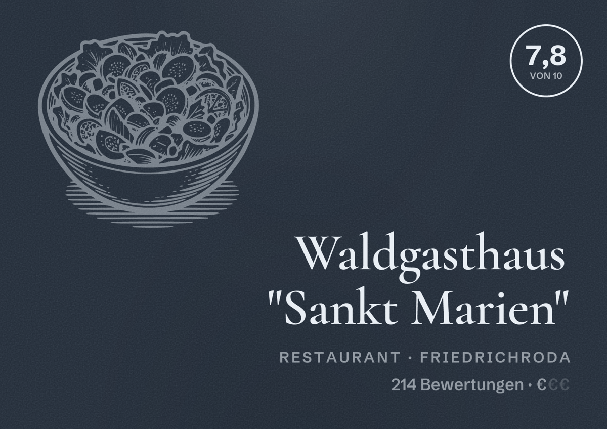 Illustriertes Poster von Waldgasthaus "Sankt Marien", Restaurant in Friedrichroda: Bewertung 7,8 von 10 aus 214 Bewertungen, Preisniveau €