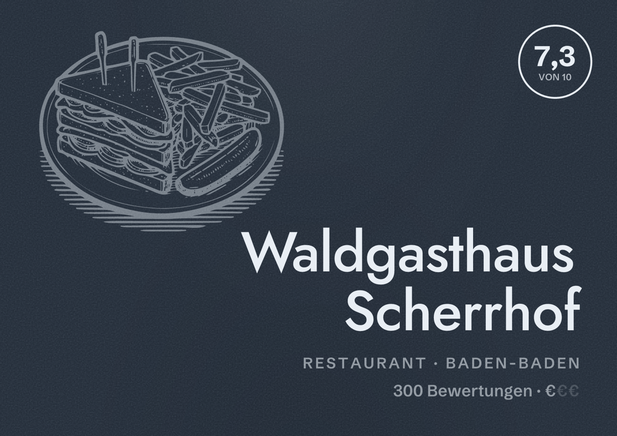 Illustriertes Poster von Waldgasthaus Scherrhof, Restaurant in Baden-Baden: Bewertung 7,3 von 10 aus 300 Bewertungen, Preisniveau €