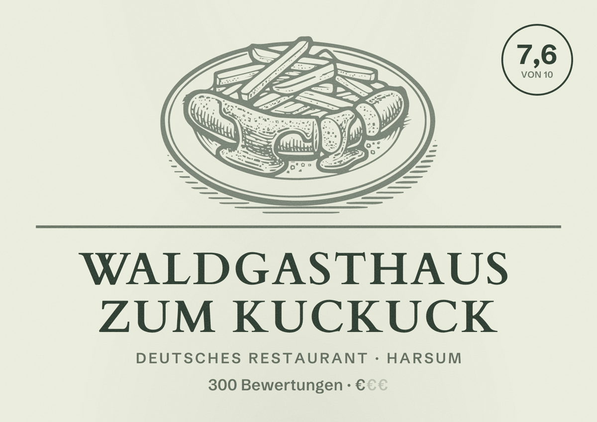 Illustriertes Poster von Waldgasthaus Zum Kuckuck, Deutsches Restaurant in Harsum: Bewertung 7,6 von 10 aus 300 Bewertungen, Preisniveau €