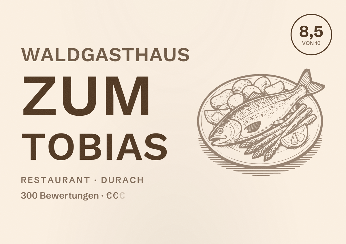 Illustriertes Poster von Waldgasthaus Zum Tobias, Restaurant in Durach: Bewertung 8,5 von 10 aus 300 Bewertungen, Preisniveau €€