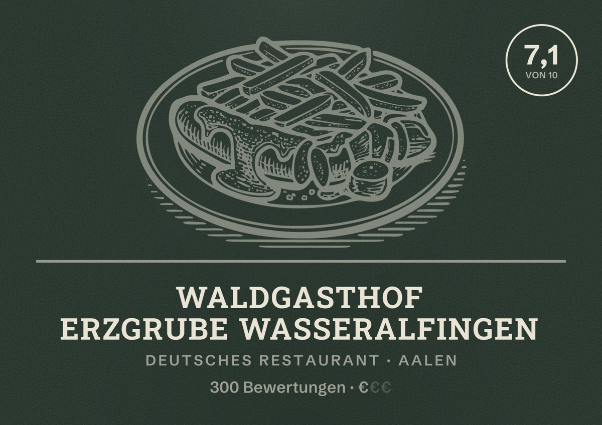 Illustriertes Poster von Waldgasthof Erzgrube Wasseralfingen, Deutsches Restaurant in Aalen: Bewertung 7,1 von 10 aus 300 Bewertungen, Preisniveau €