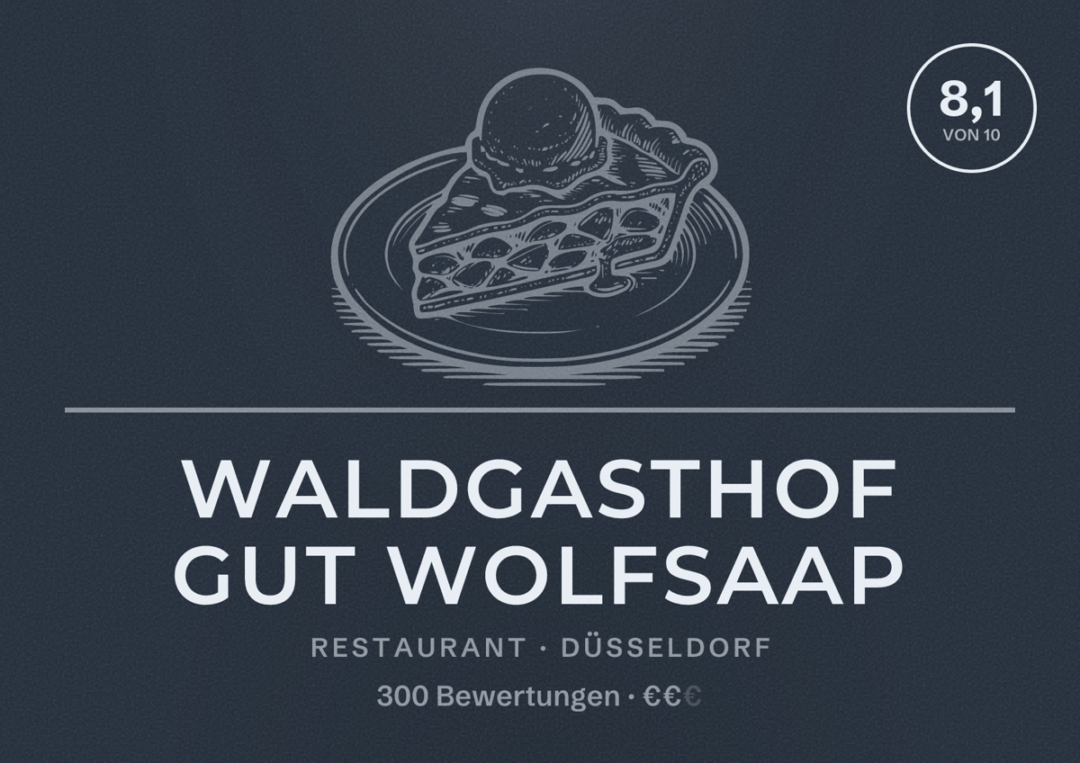 Illustriertes Poster von Waldgasthof Gut Wolfsaap, Restaurant in Düsseldorf: Bewertung 8,1 von 10 aus 300 Bewertungen, Preisniveau €€