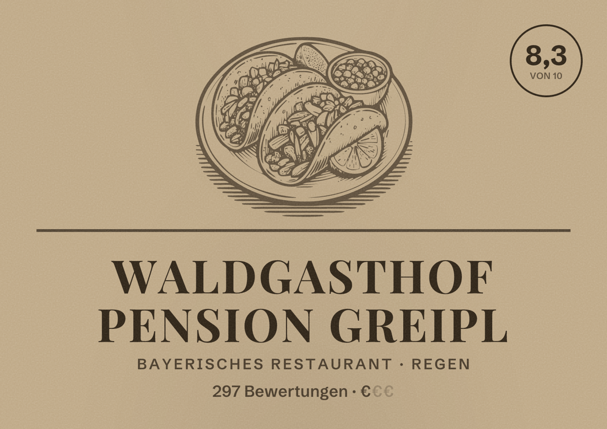 Illustriertes Poster von Waldgasthof Pension Greipl, Bayerisches Restaurant in Regen: Bewertung 8,3 von 10 aus 297 Bewertungen, Preisniveau €
