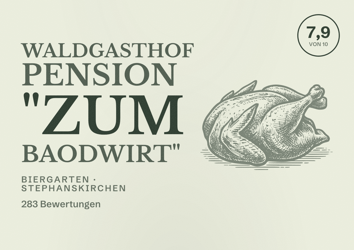 Illustriertes Poster von Waldgasthof Pension "Zum Baodwirt", Biergarten in Stephanskirchen: Bewertung 7,9 von 10 aus 283 Bewertungen