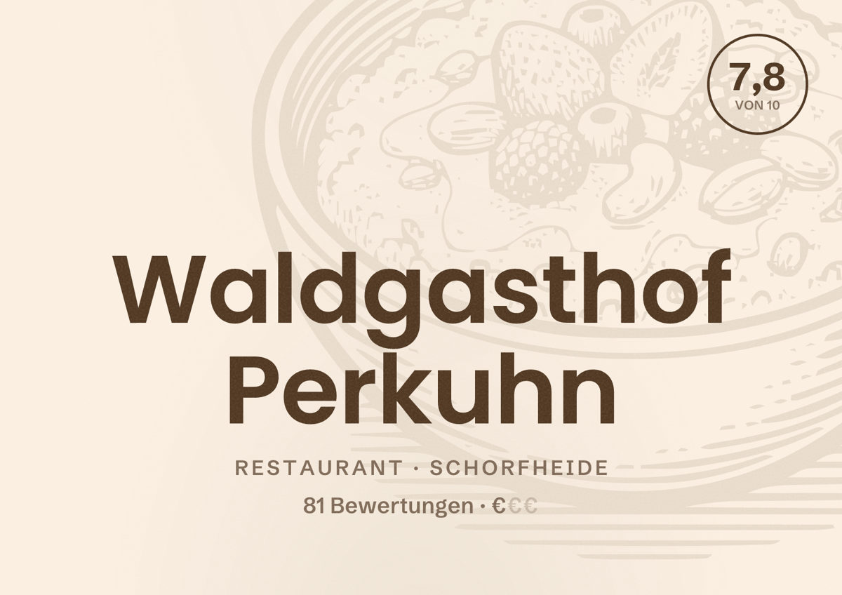 Illustriertes Poster von Waldgasthof Perkuhn, Restaurant in Schorfheide: Bewertung 7,8 von 10 aus 81 Bewertungen, Preisniveau €