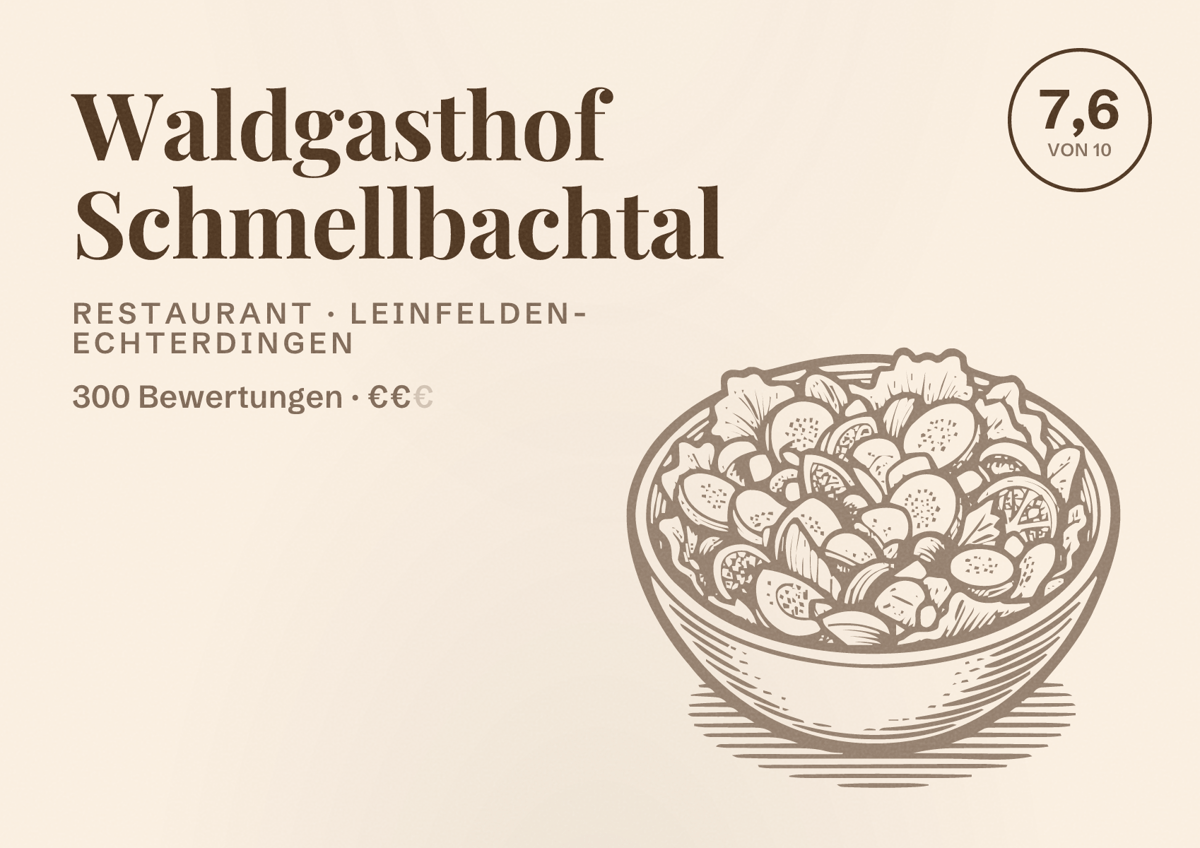 Illustriertes Poster von Waldgasthof Schmellbachtal, Restaurant in Leinfelden-Echterdingen: Bewertung 7,6 von 10 aus 300 Bewertungen, Preisniveau €€