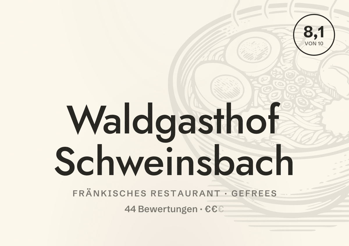 Illustriertes Poster von Waldgasthof Schweinsbach, Fränkisches Restaurant in Gefrees: Bewertung 8,1 von 10 aus 44 Bewertungen, Preisniveau €€