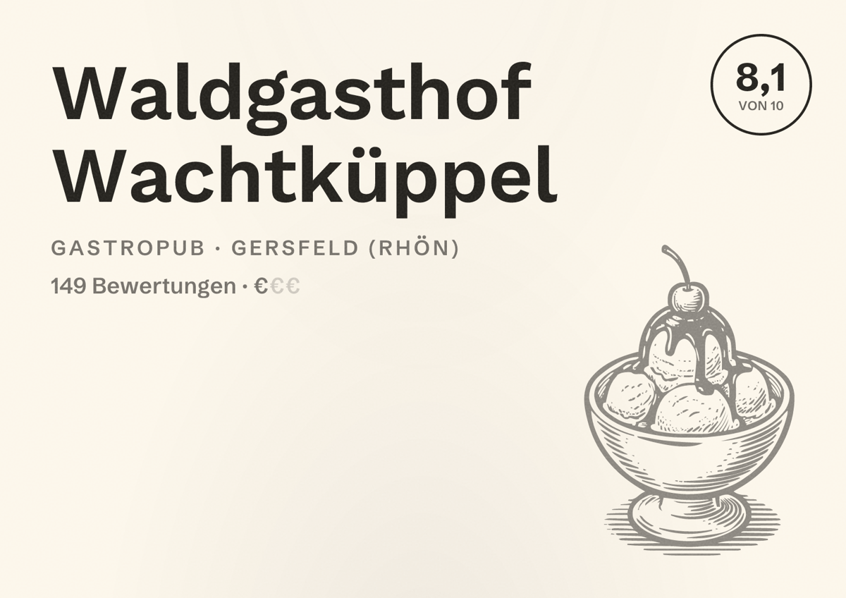 Illustriertes Poster von Waldgasthof Wachtküppel, Gastropub in Gersfeld (Rhön): Bewertung 8,1 von 10 aus 149 Bewertungen, Preisniveau €