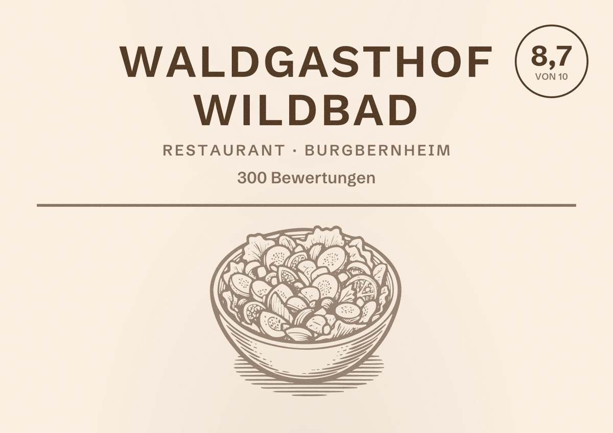 Illustriertes Poster von Waldgasthof Wildbad, Restaurant in Burgbernheim: Bewertung 8,7 von 10 aus 300 Bewertungen