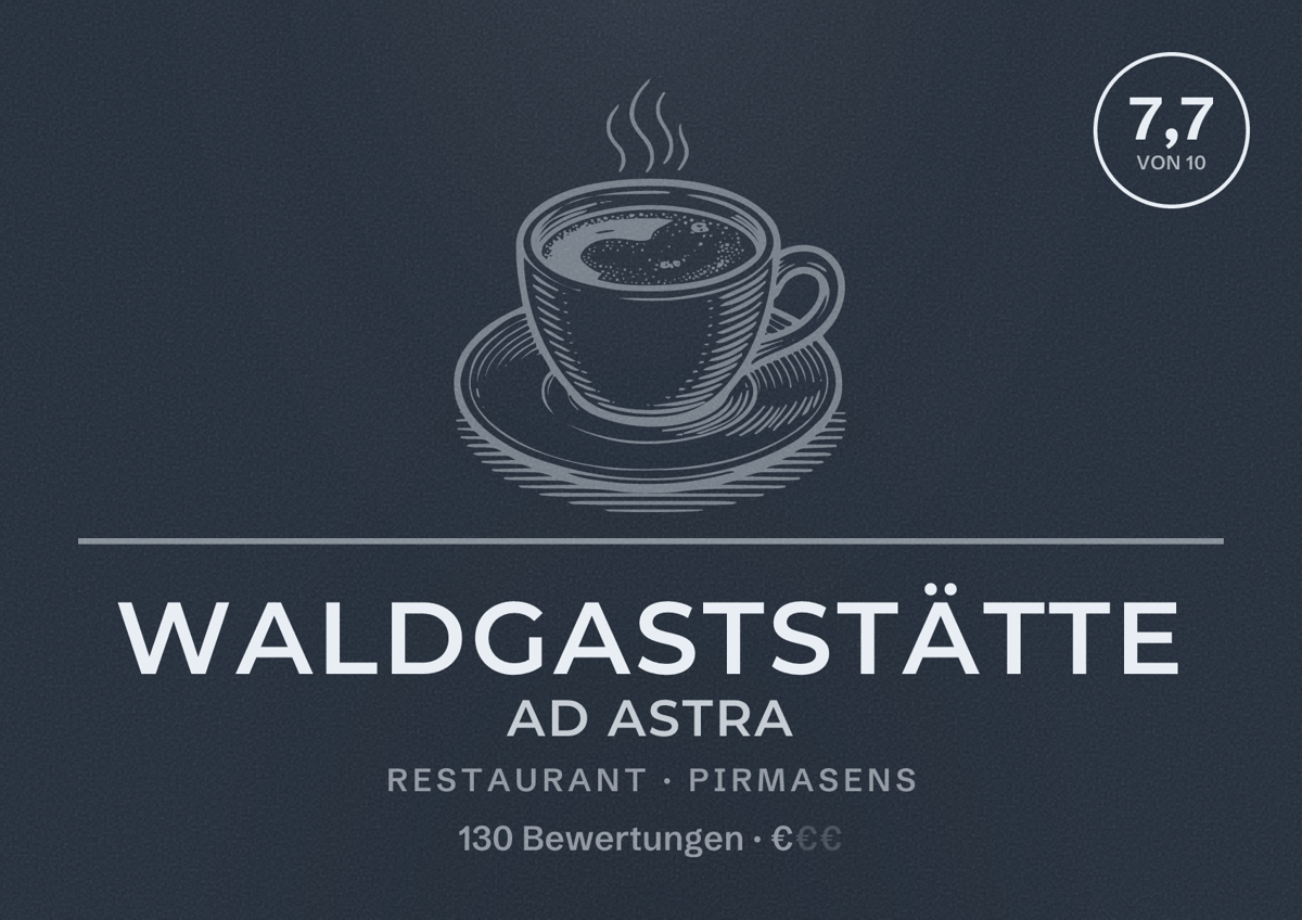 Illustriertes Poster von Waldgaststätte Ad Astra, Restaurant in Pirmasens: Bewertung 7,7 von 10 aus 130 Bewertungen, Preisniveau €