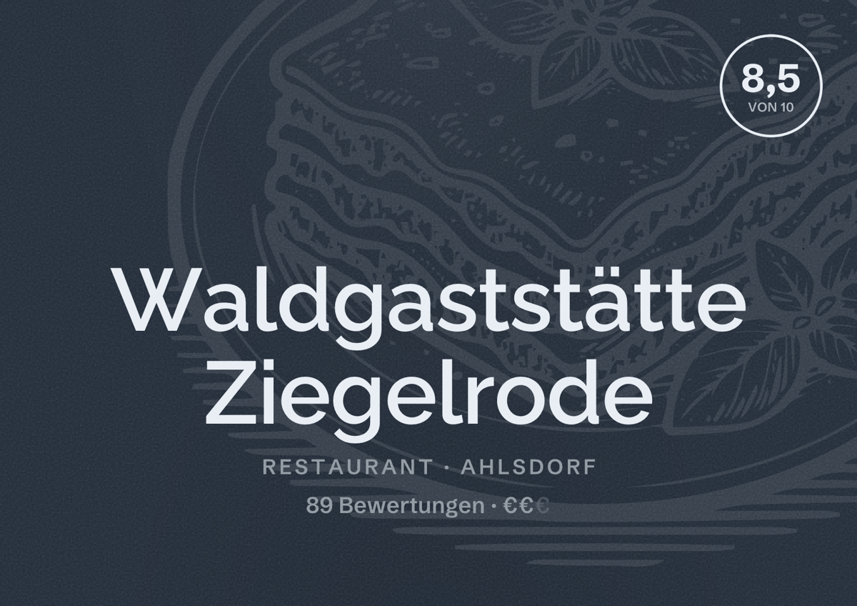 Illustriertes Poster von Waldgaststätte Ziegelrode, Restaurant in Ahlsdorf: Bewertung 8,5 von 10 aus 89 Bewertungen, Preisniveau €€