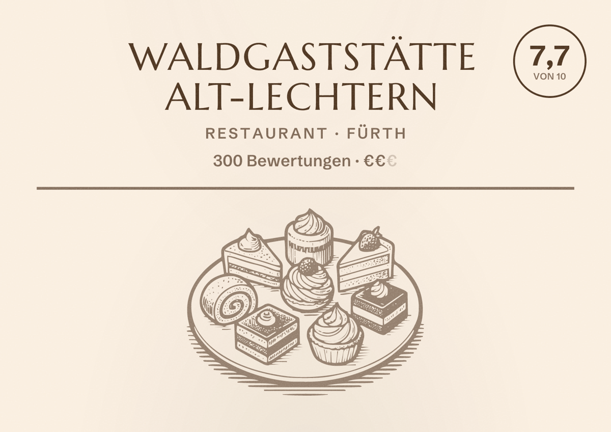 Illustriertes Poster von Waldgaststätte Alt-Lechtern, Restaurant in Fürth: Bewertung 7,7 von 10 aus 300 Bewertungen, Preisniveau €€