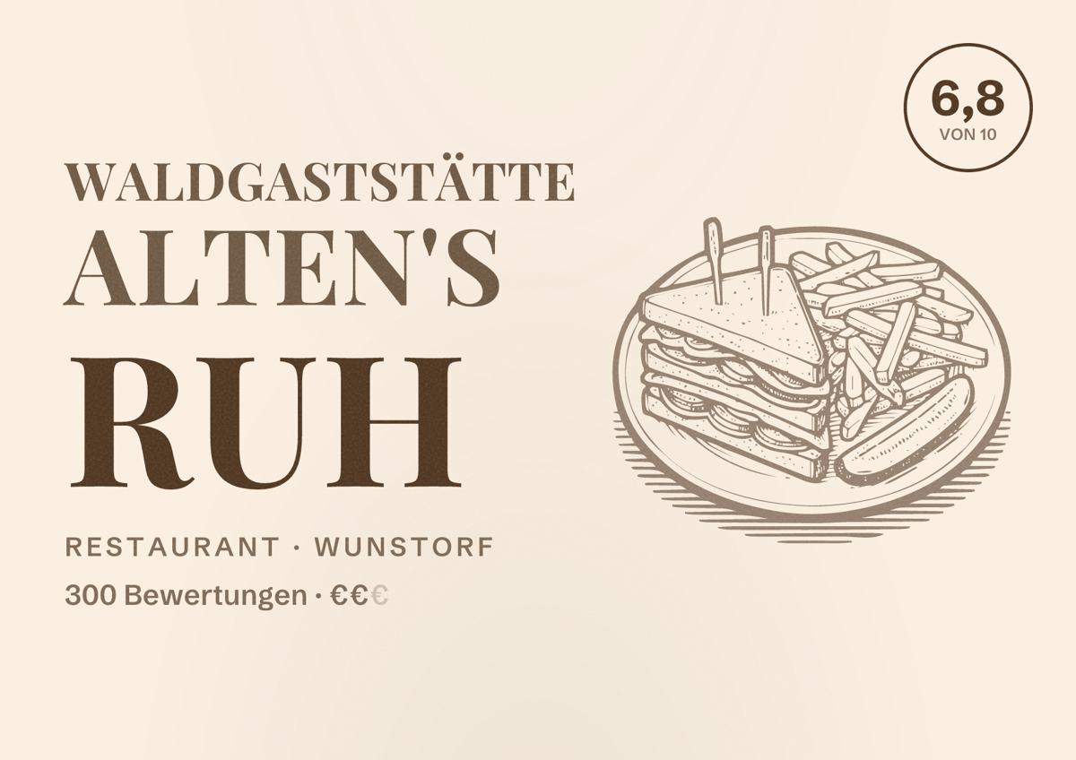 Illustriertes Poster von Waldgaststätte Alten's Ruh, Restaurant in Wunstorf: Bewertung 6,8 von 10 aus 300 Bewertungen, Preisniveau €€