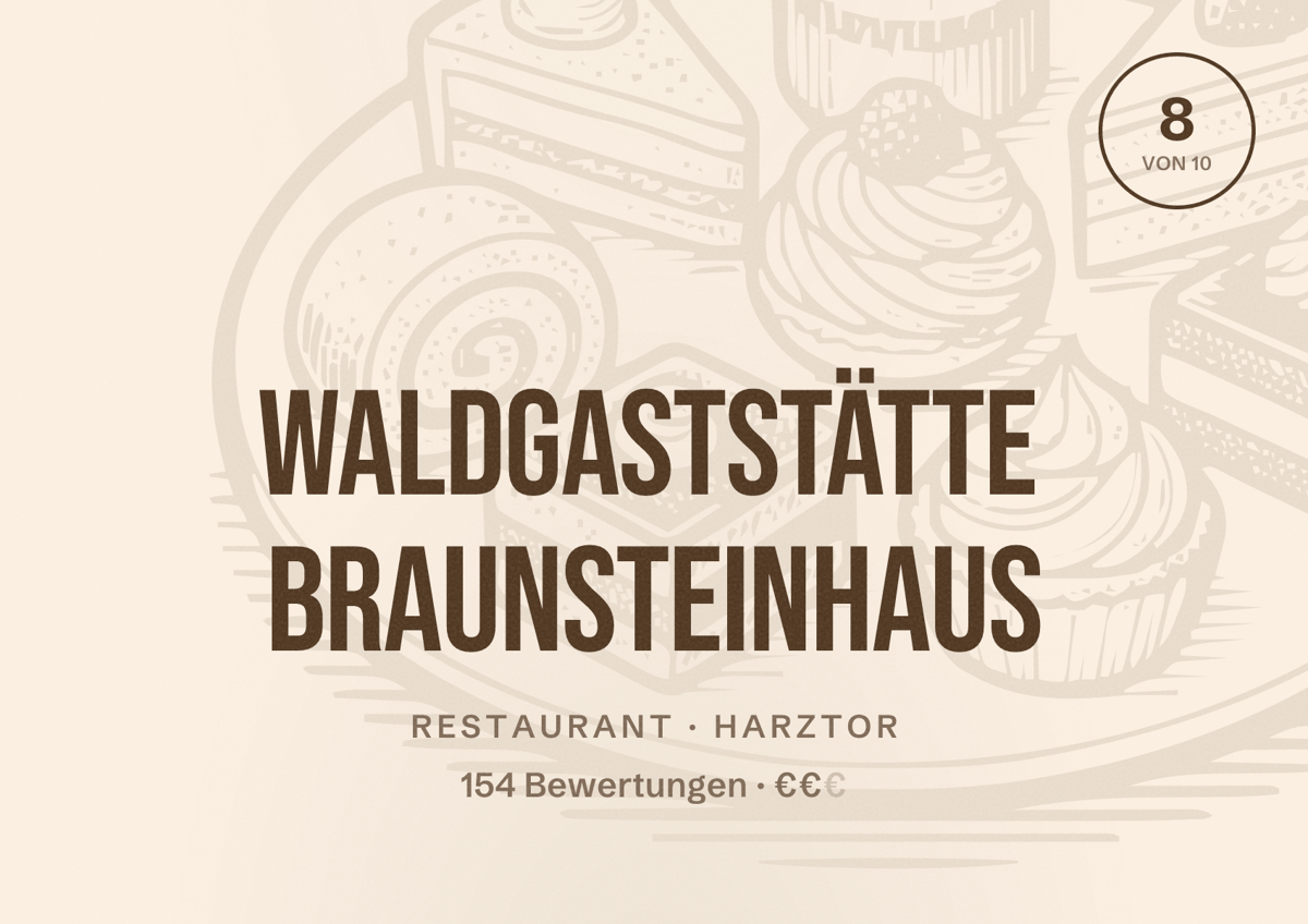 Illustriertes Poster von Waldgaststätte Braunsteinhaus, Restaurant in Harztor: Bewertung 8 von 10 aus 154 Bewertungen, Preisniveau €€