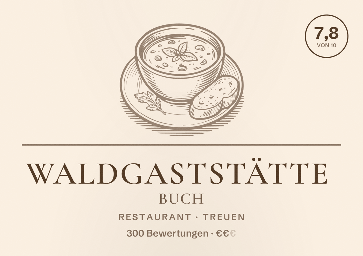 Illustriertes Poster von Waldgaststätte Buch, Restaurant in Treuen: Bewertung 7,8 von 10 aus 300 Bewertungen, Preisniveau €€