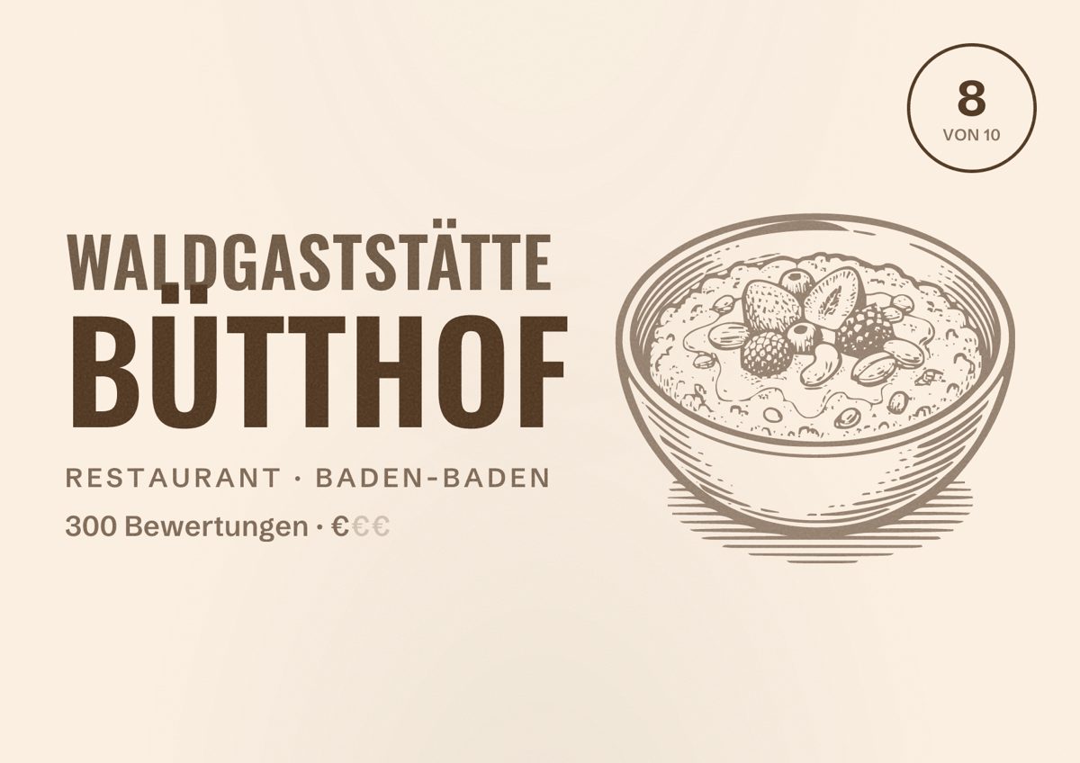 Illustriertes Poster von Waldgaststätte Bütthof, Restaurant in Baden-Baden: Bewertung 8 von 10 aus 300 Bewertungen, Preisniveau €