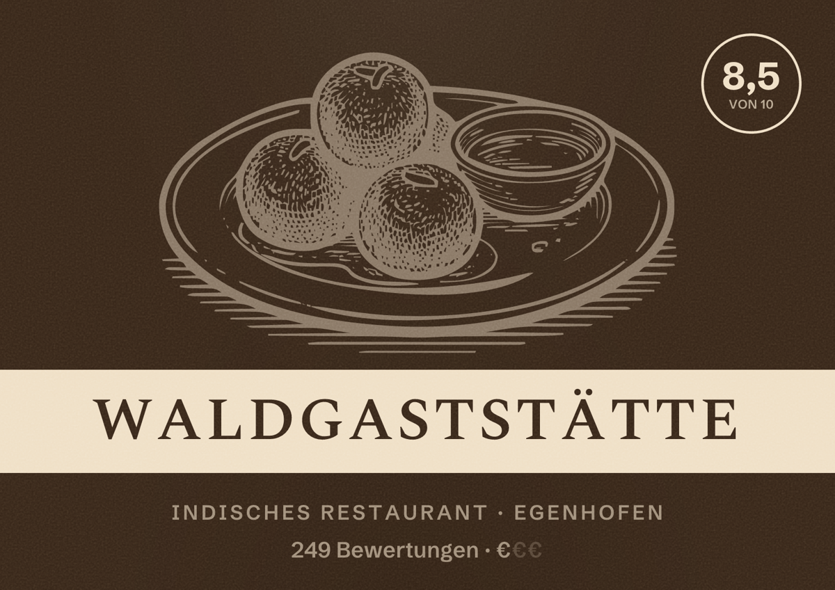 Illustriertes Poster von Waldgaststätte, Indisches Restaurant in Egenhofen: Bewertung 8,5 von 10 aus 249 Bewertungen, Preisniveau €