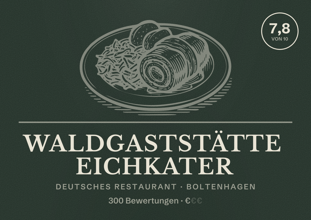 Illustriertes Poster von Waldgaststätte Eichkater, Deutsches Restaurant in Boltenhagen: Bewertung 7,8 von 10 aus 300 Bewertungen, Preisniveau €