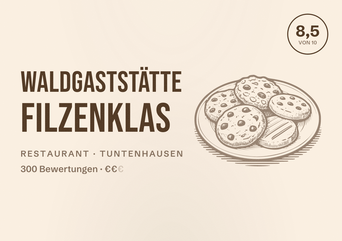 Illustriertes Poster von Waldgaststätte Filzenklas, Restaurant in Tuntenhausen: Bewertung 8,5 von 10 aus 300 Bewertungen, Preisniveau €€