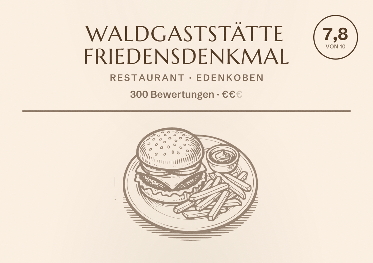 Illustriertes Poster von Waldgaststätte Friedensdenkmal, Restaurant in Edenkoben: Bewertung 7,8 von 10 aus 300 Bewertungen, Preisniveau €€
