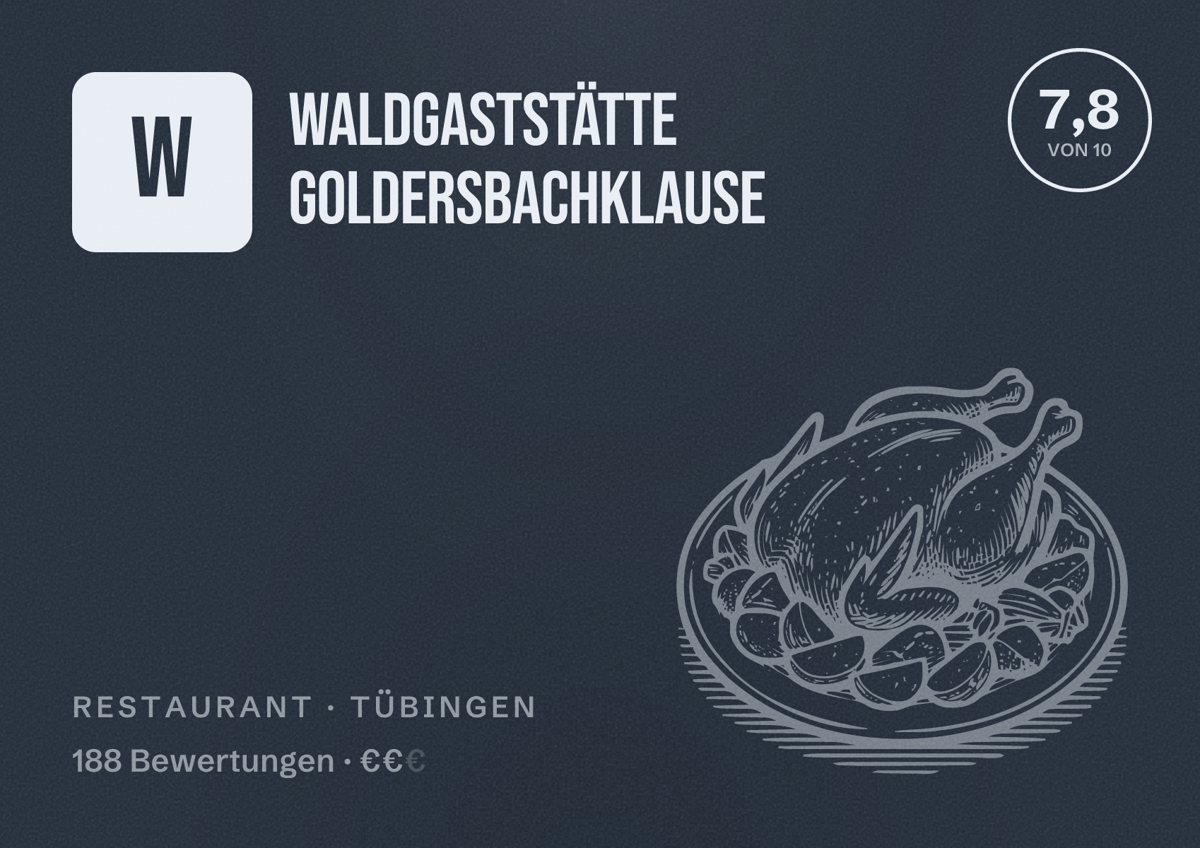 Illustriertes Poster von Waldgaststätte Goldersbachklause, Restaurant in Tübingen: Bewertung 7,8 von 10 aus 188 Bewertungen, Preisniveau €€