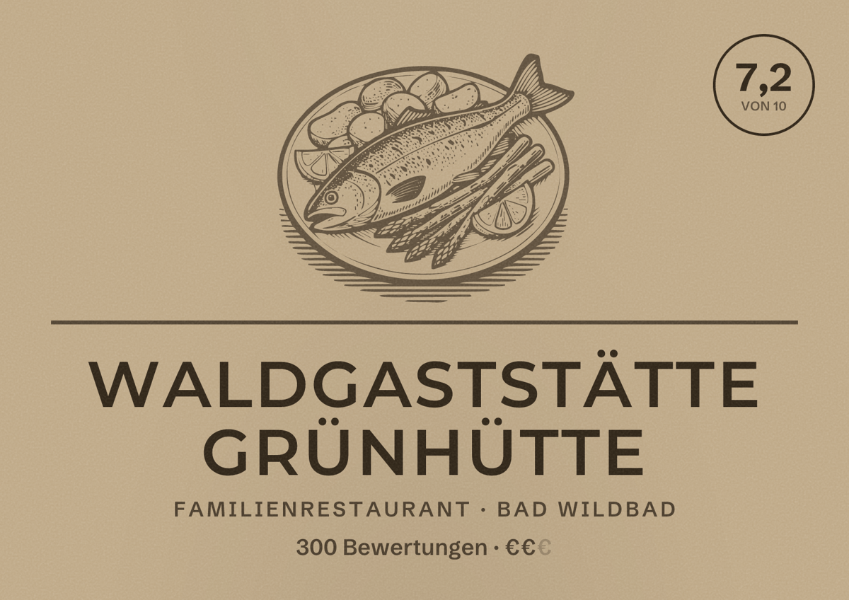 Illustriertes Poster von Waldgaststätte Grünhütte, Familienrestaurant in Bad Wildbad: Bewertung 7,2 von 10 aus 300 Bewertungen, Preisniveau €€