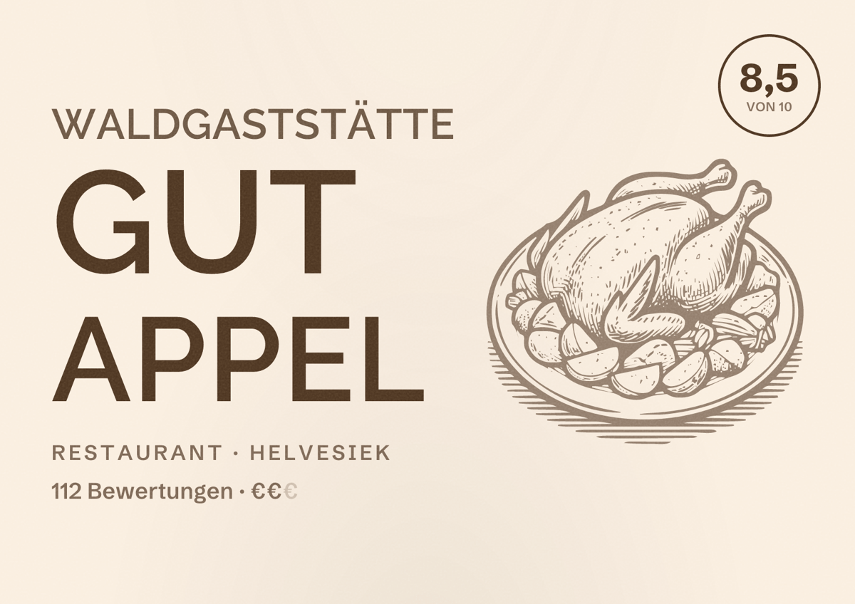 Illustriertes Poster von Waldgaststätte Gut Appel, Restaurant in Helvesiek: Bewertung 8,5 von 10 aus 112 Bewertungen, Preisniveau €€