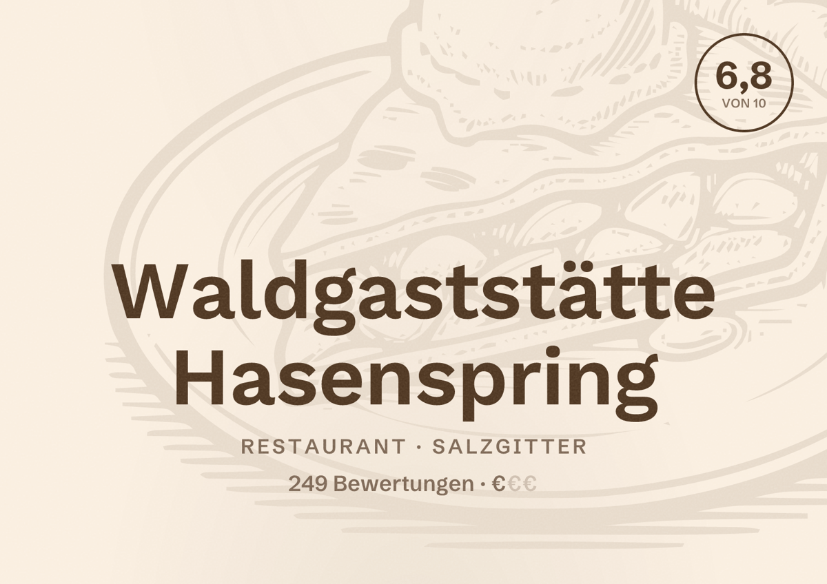 Illustriertes Poster von Waldgaststätte Hasenspring, Restaurant in Salzgitter: Bewertung 6,8 von 10 aus 249 Bewertungen, Preisniveau €