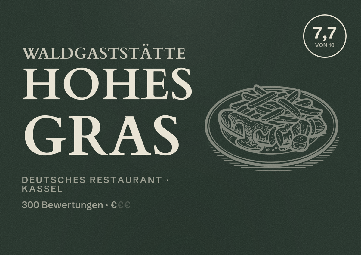 Illustriertes Poster von Waldgaststätte Hohes Gras, Deutsches Restaurant in Kassel: Bewertung 7,7 von 10 aus 300 Bewertungen, Preisniveau €