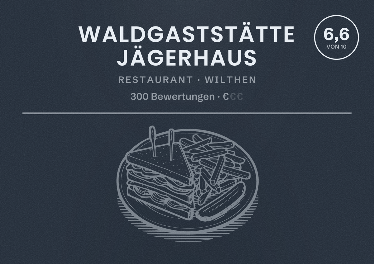 Illustriertes Poster von Waldgaststätte Jägerhaus, Restaurant in Wilthen: Bewertung 6,6 von 10 aus 300 Bewertungen, Preisniveau €