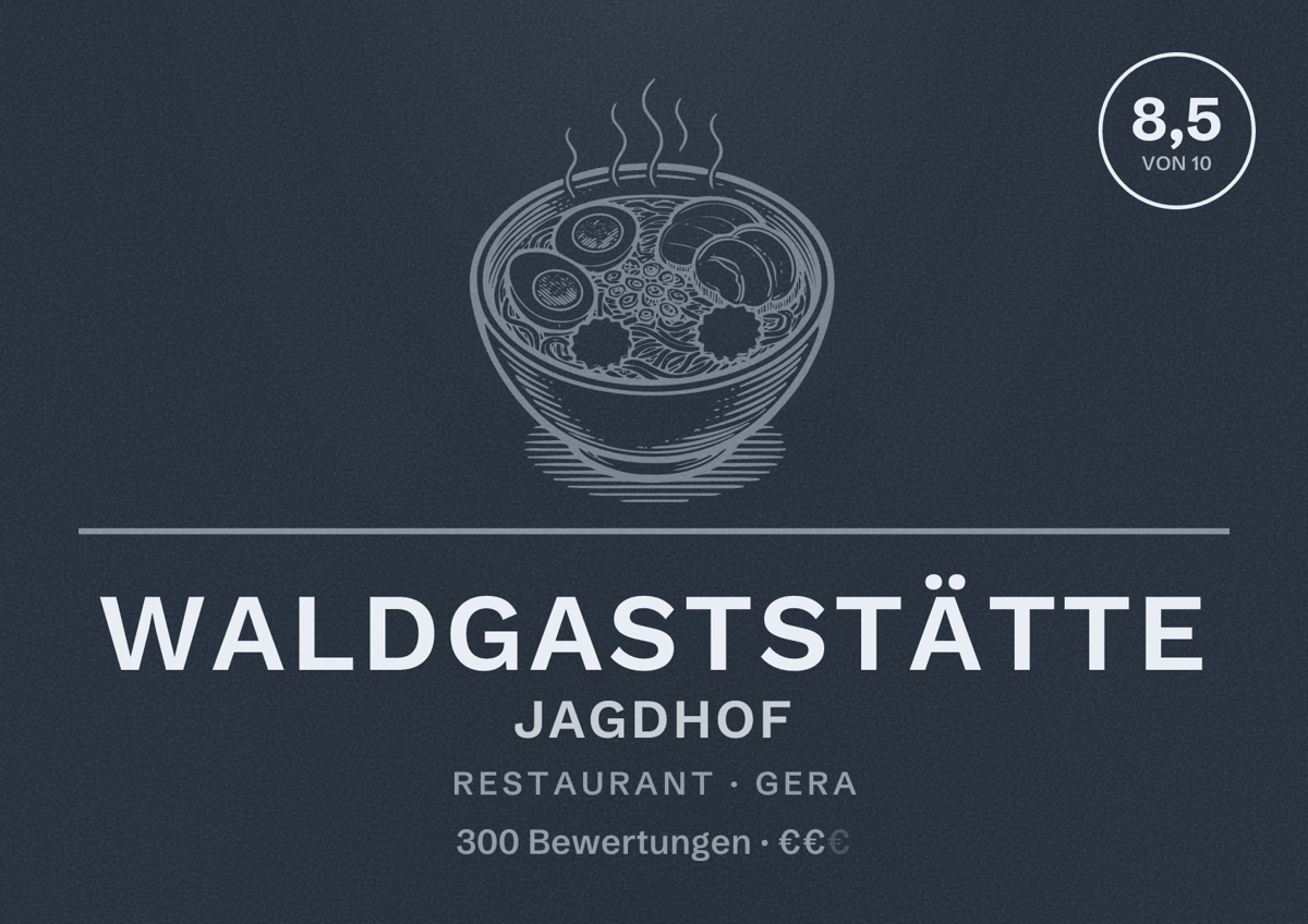 Illustriertes Poster von Waldgaststätte Jagdhof, Restaurant in Gera: Bewertung 8,5 von 10 aus 300 Bewertungen, Preisniveau €€