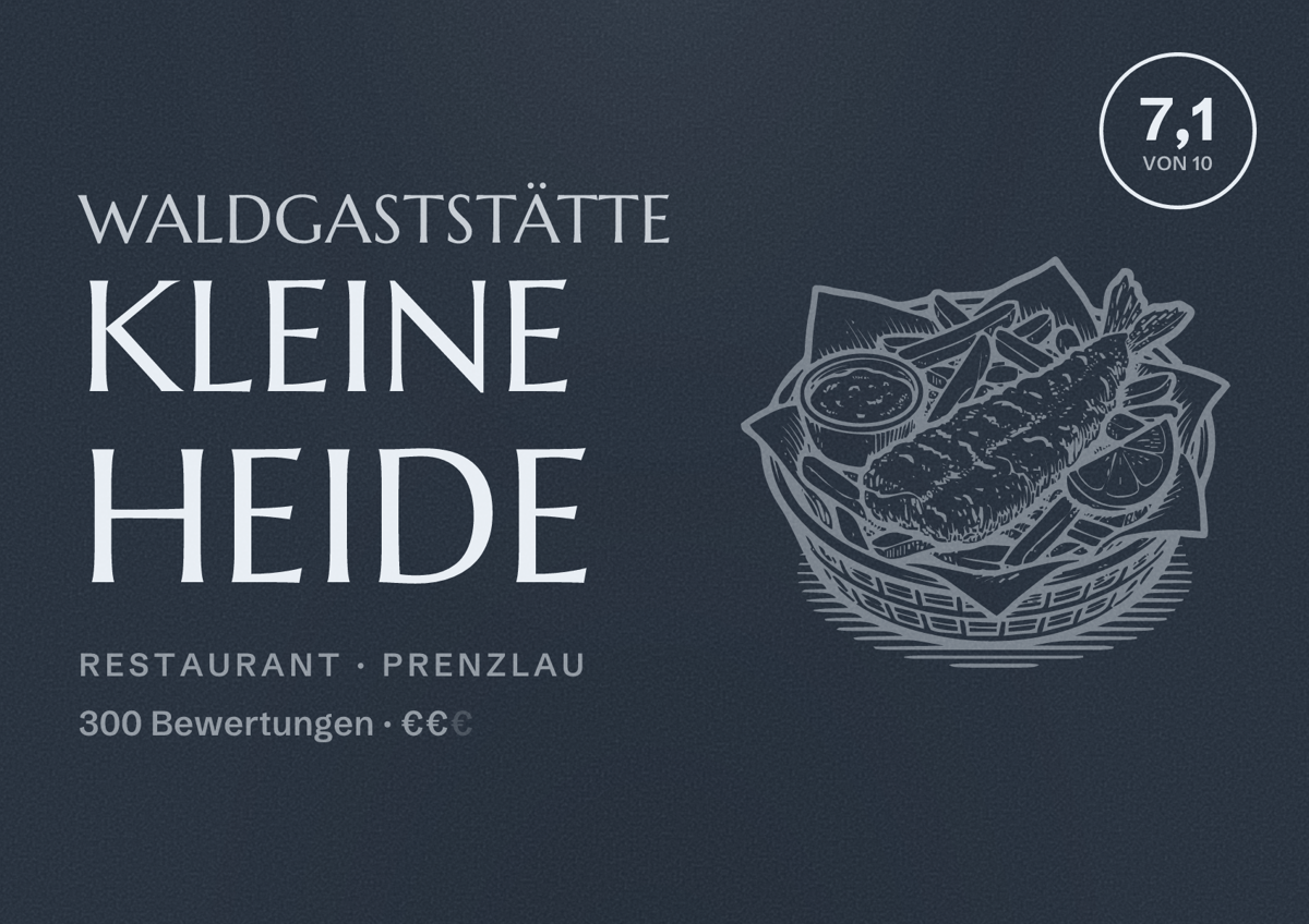 Illustriertes Poster von Waldgaststätte Kleine Heide, Restaurant in Prenzlau: Bewertung 7,1 von 10 aus 300 Bewertungen, Preisniveau €€