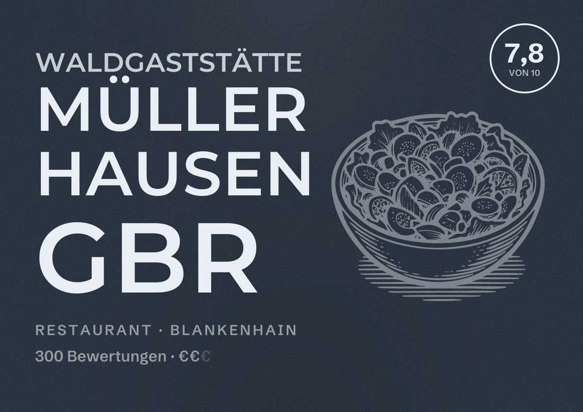 Illustriertes Poster von Waldgaststätte Müller Hausen GbR, Restaurant in Blankenhain: Bewertung 7,8 von 10 aus 300 Bewertungen, Preisniveau €€