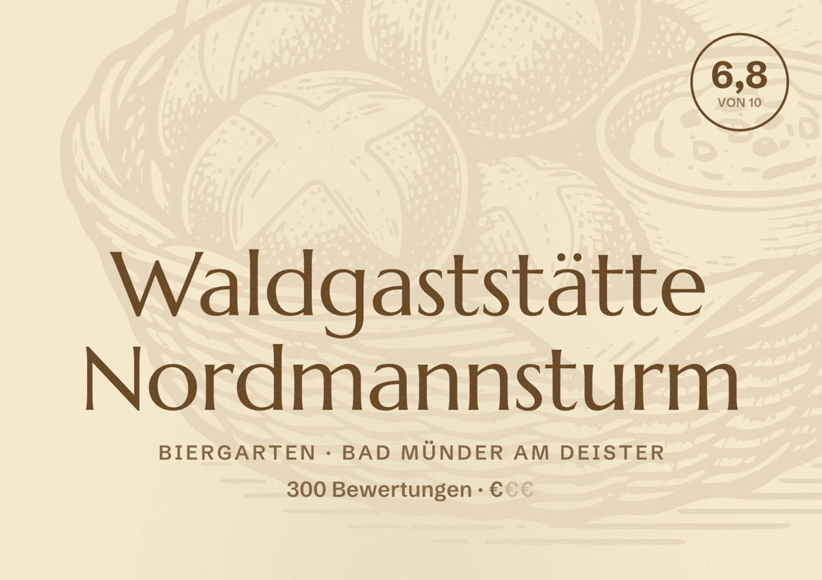 Illustriertes Poster von Waldgaststätte Nordmannsturm, Biergarten in Bad Münder am Deister: Bewertung 6,8 von 10 aus 300 Bewertungen, Preisniveau €