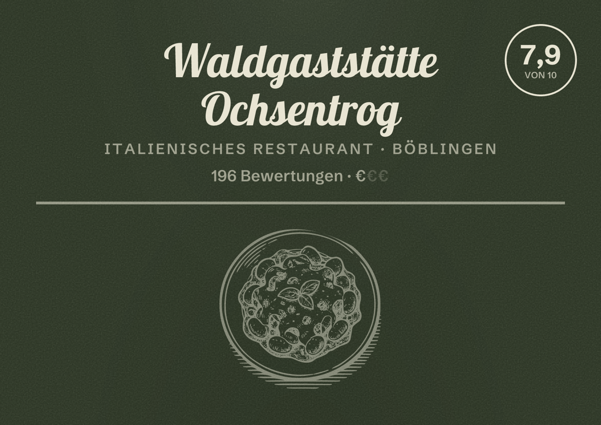 Illustriertes Poster von Waldgaststätte Ochsentrog, Italienisches Restaurant in Böblingen: Bewertung 7,9 von 10 aus 196 Bewertungen, Preisniveau €