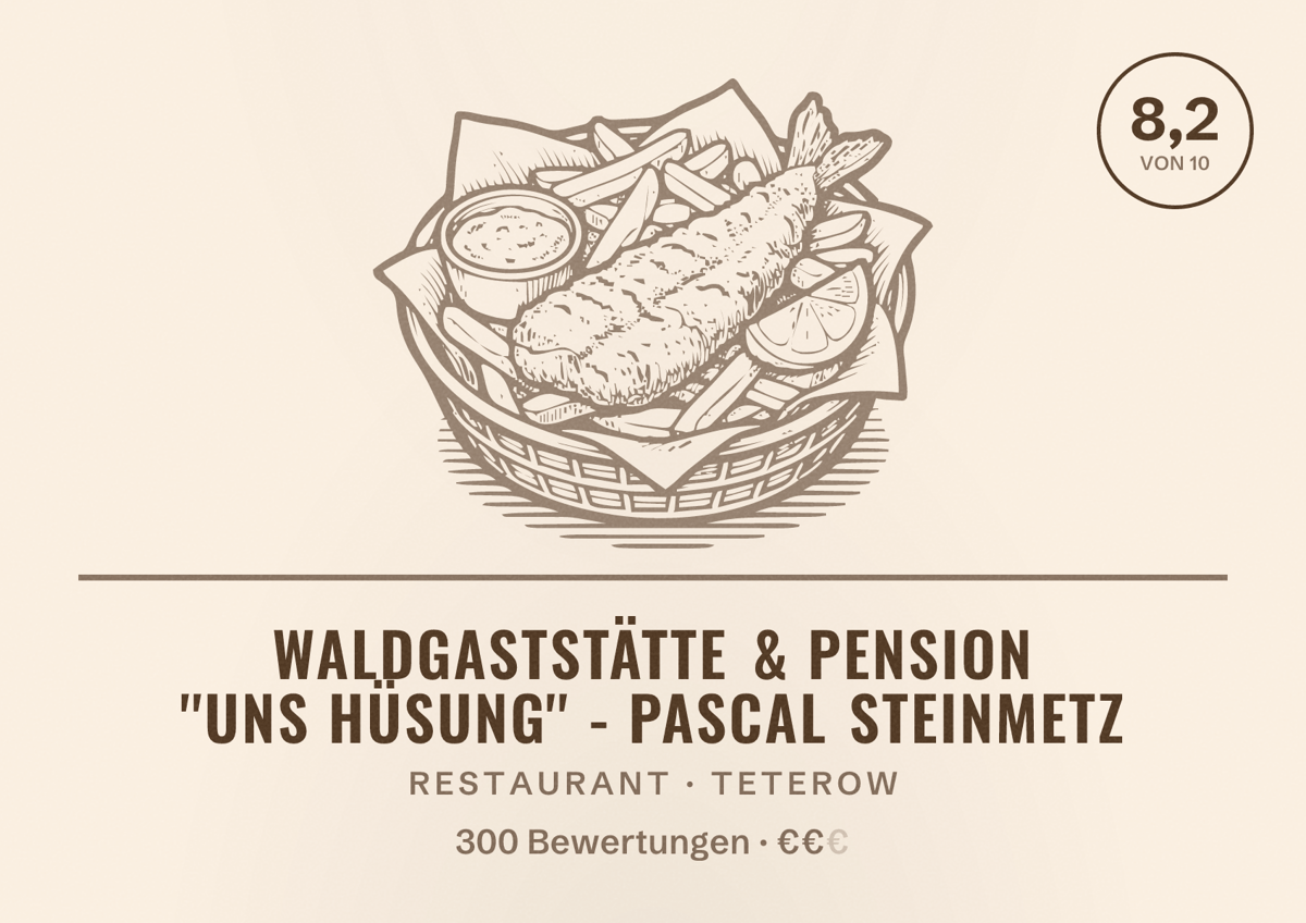 Illustriertes Poster von Waldgaststätte & Pension ''Uns Hüsung'' - Pascal Steinmetz, Restaurant in Teterow: Bewertung 8,2 von 10 aus 300 Bewertungen, Preisniveau €€